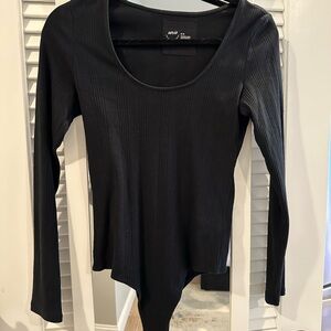 aerie Black Ribbed Scoop-Neck Long-Sleeve Bodysuit